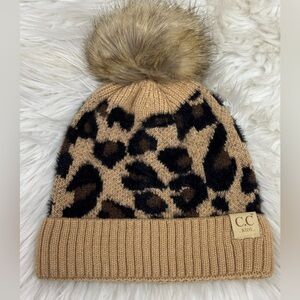 C.C Exclusives Soft Beanie Hat with Leopard Print Pattern and Faux Fur Pom